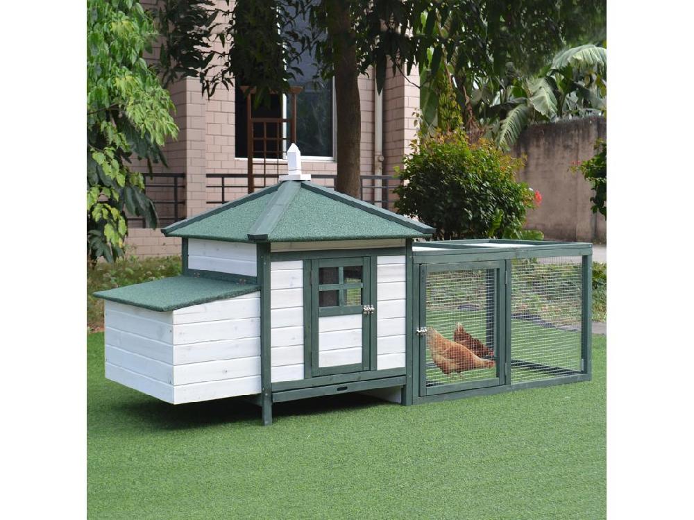 vente unique Poulailler cottage multi-équipement perchoir rampe pondoir enclos tiroir à déjection 196L x 76l x 97H cm bois massif pin vert blanc