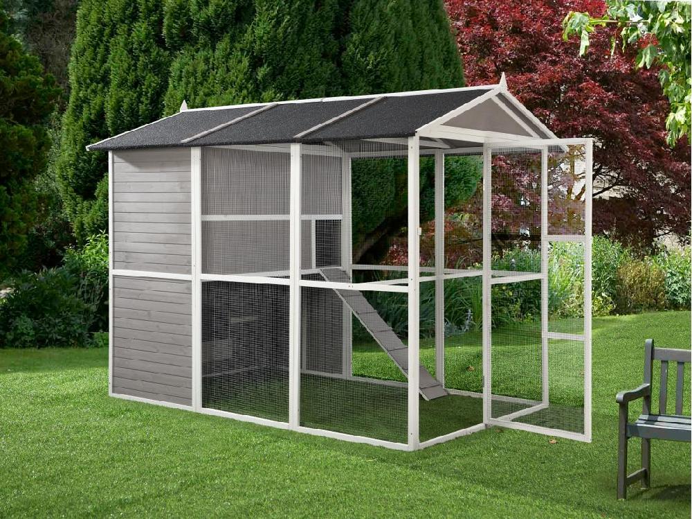 Vente Unique Poulailler En Bois Avec Enclos - 10 Poules - L. 266 X P. 174 X H. 205 Cm - Blanc Et Gris - FERAS