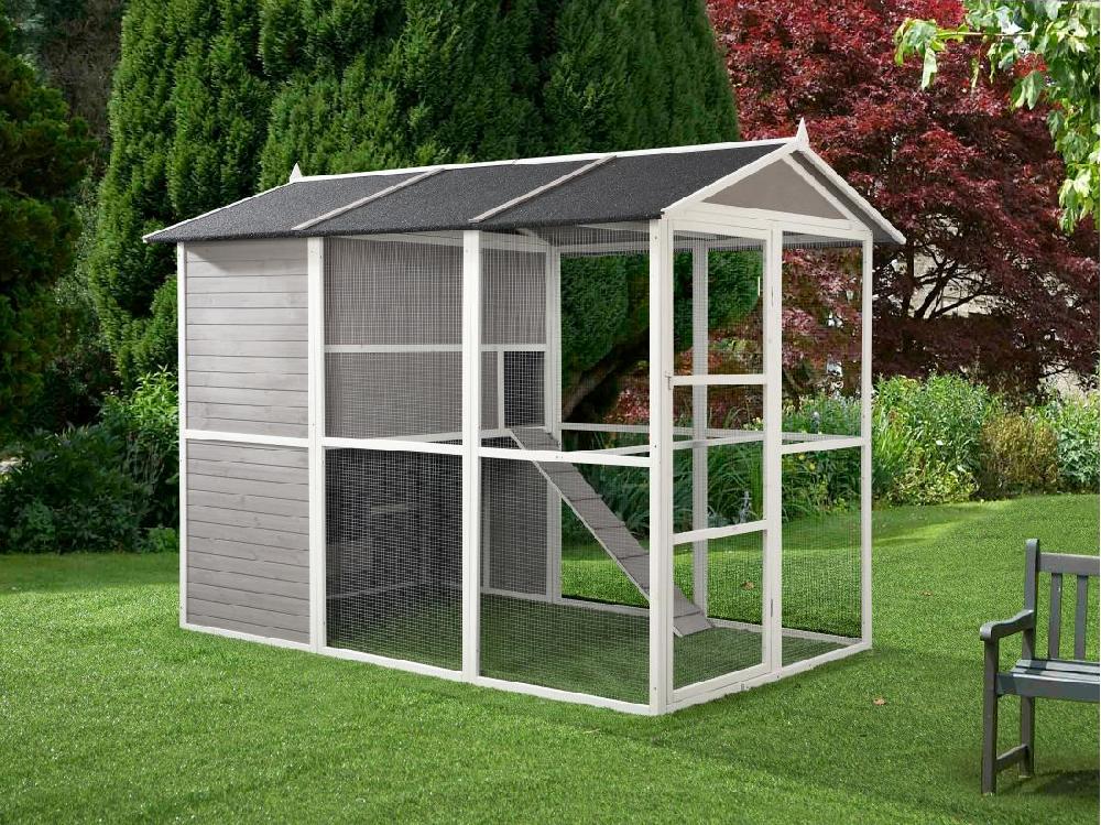 vente unique Poulailler en bois avec enclos - 10 poules - L. 266 x P. 174 x H. 205 cm - Blanc et gris - FERAS