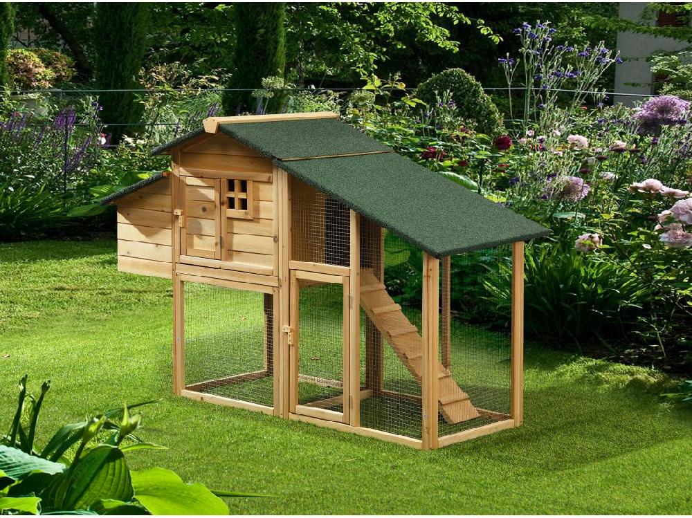 Vente Unique Poulailler En Bois Avec Enclos - 4 Poules - L. 173 X P. 64 X H. 108 Cm - Naturel - LEVAS