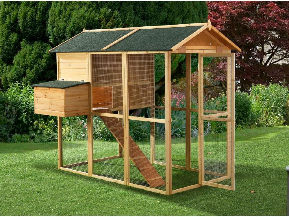 vente unique Poulailler en bois avec enclos - 8 poules - L. 201 x P.142 x H. 171 cm- Naturel - GALLUS