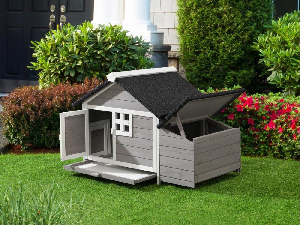 vente unique Poulailler en bois avec pondoir - 2 poules - L. 106 x P. 64 x H.71 cm - Blanc et gris - ANSER