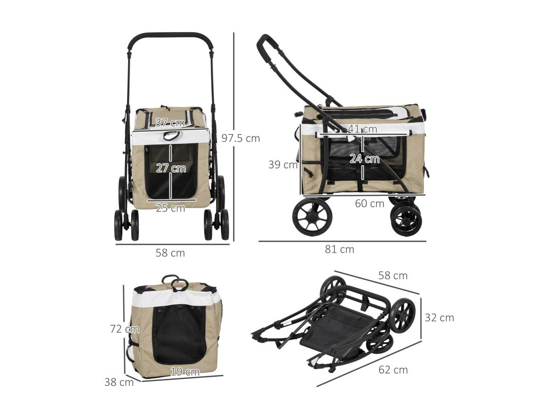Vente Unique Poussette Pliable Animaux Chien Chat Nacelle Amovible 4 Roues Kaki