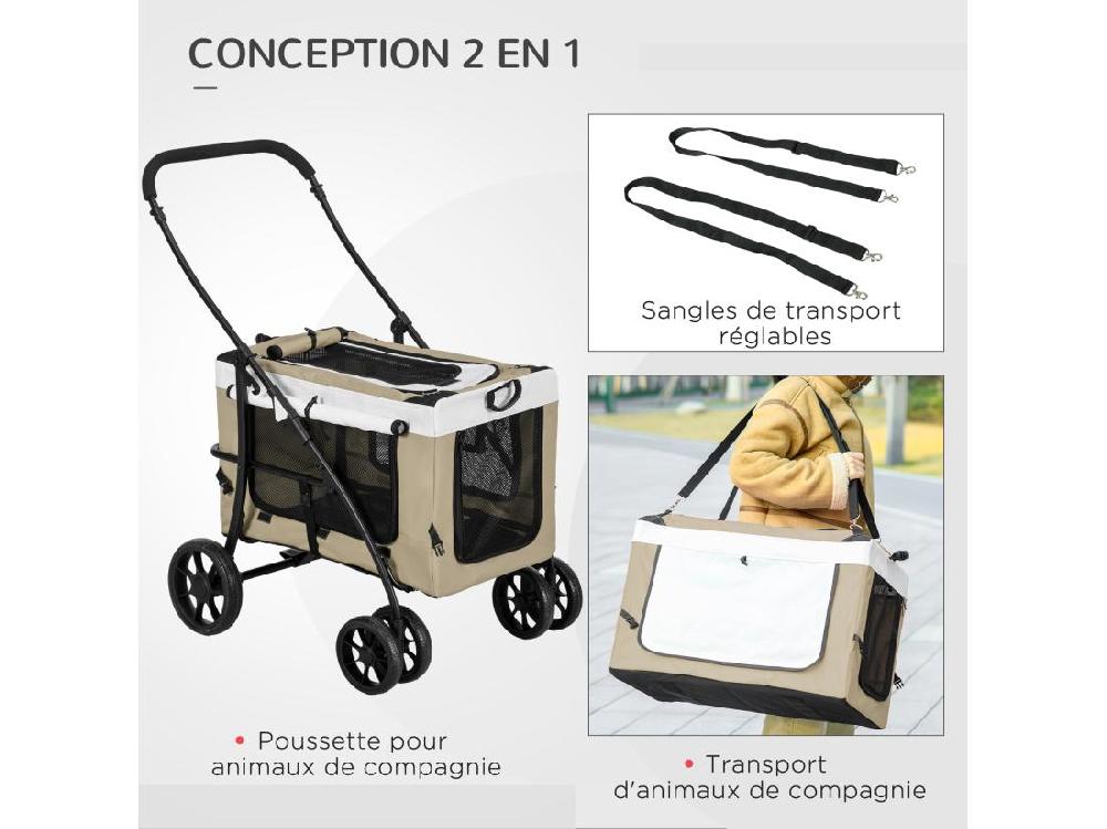 vente unique Poussette pliable animaux chien chat nacelle amovible 4 roues kaki