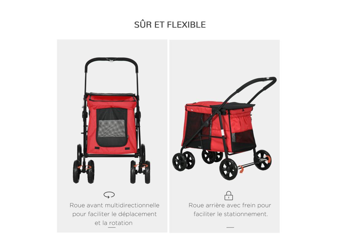 Vente Unique Poussette Pliable Pour Chien Chat 4 Roues 3 Pochettes Rangement Coussin Acier Oxford Rouge