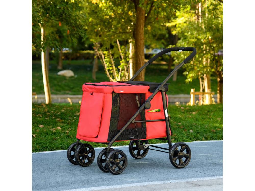 Vente Unique Poussette Pliable Pour Chien Chat 4 Roues 3 Pochettes Rangement Coussin Acier Oxford Rouge