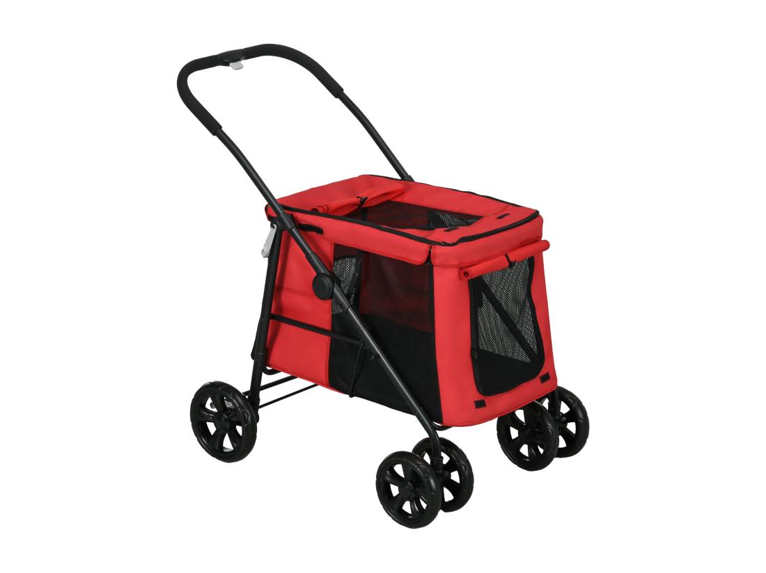 Vente Unique Poussette Pliable Pour Chien Chat 4 Roues 3 Pochettes Rangement Coussin Acier Oxford Rouge