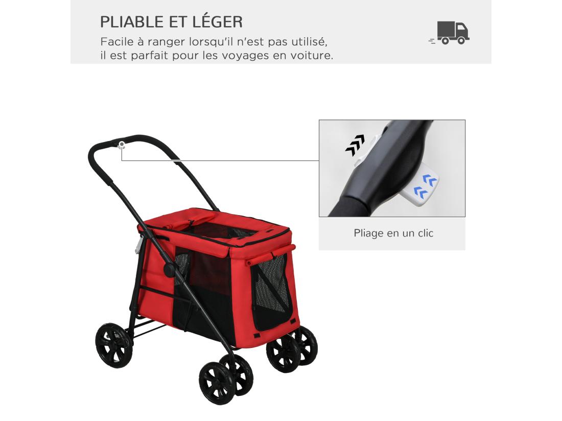 vente unique Poussette pliable pour chien chat 4 roues 3 pochettes rangement coussin acier oxford rouge