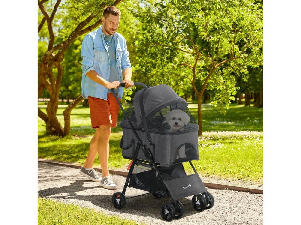 Vente Unique Poussette Pour Chien 3 En 1 - Poussette Buggy Panier De Transport Panier Voiture - Acier Noir Oxford Gris