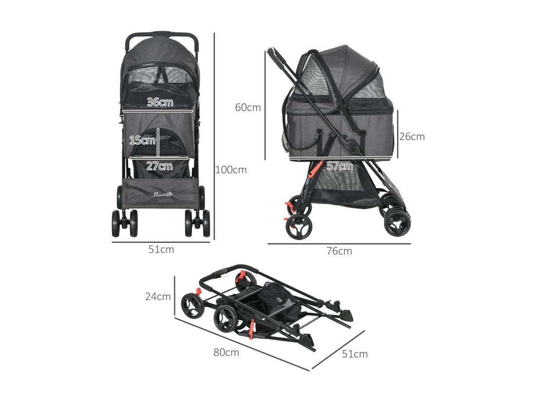 Vente Unique Poussette Pour Chien 3 En 1 - Poussette Buggy Panier De Transport Panier Voiture - Acier Noir Oxford Gris