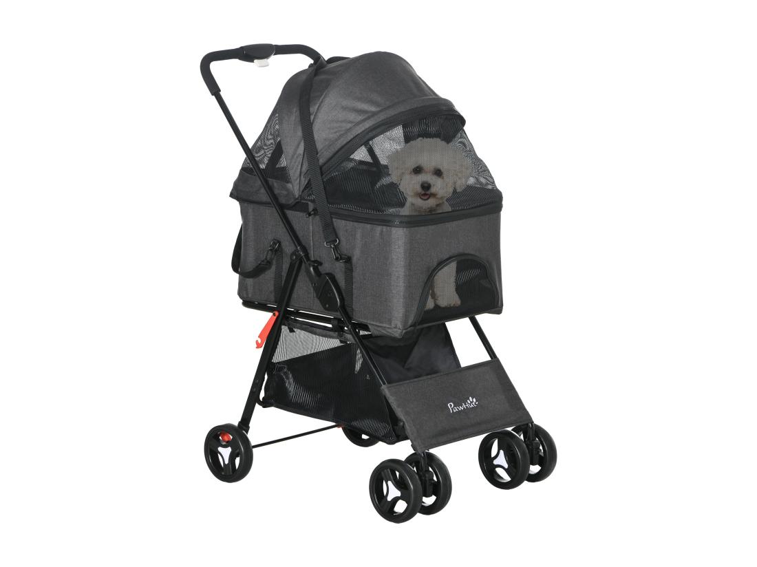 vente unique Poussette pour chien 3 en 1 - poussette buggy panier de transport panier voiture - acier noir Oxford gris
