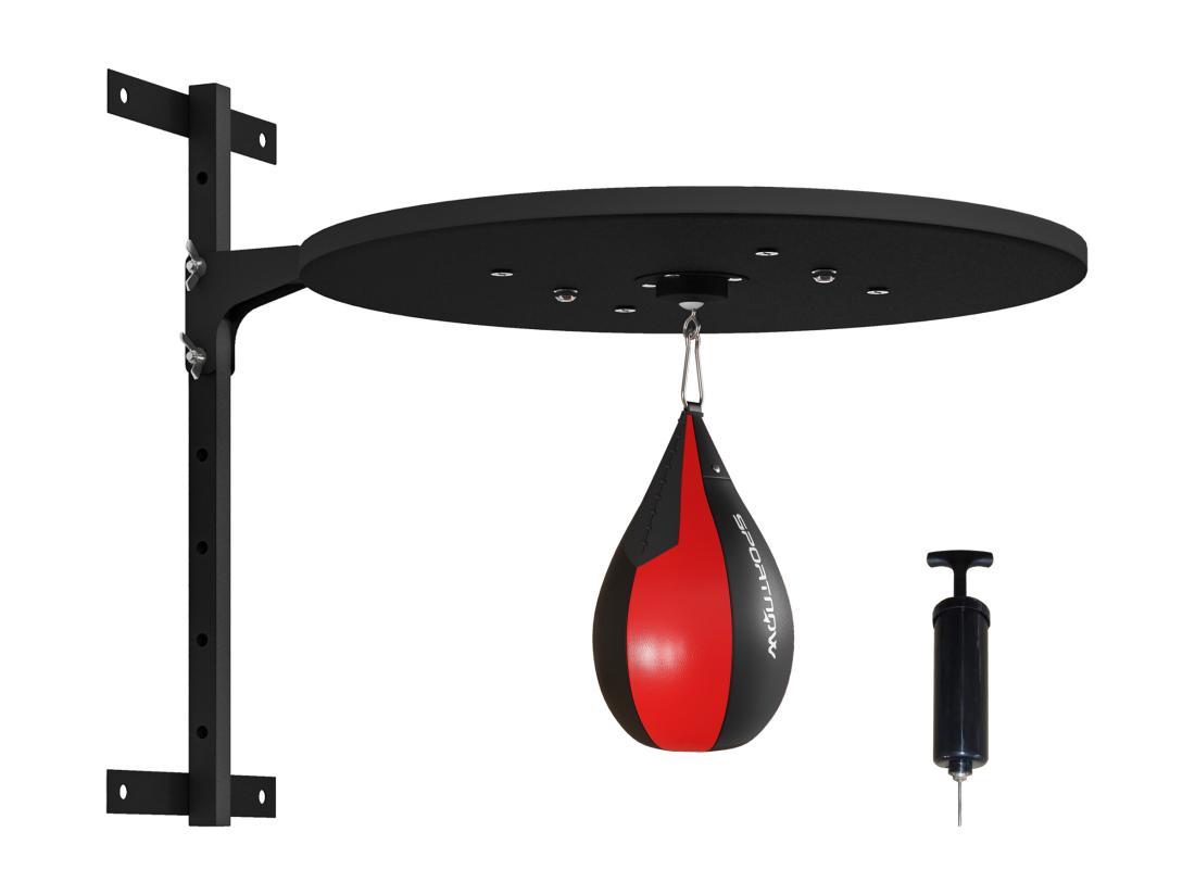 Vente Unique Punching Ball Poire De Vitesse Boxe Avec Support Plateau Tournant + Pompe MDF Acier Revêtement Synthétique Rouge Noir