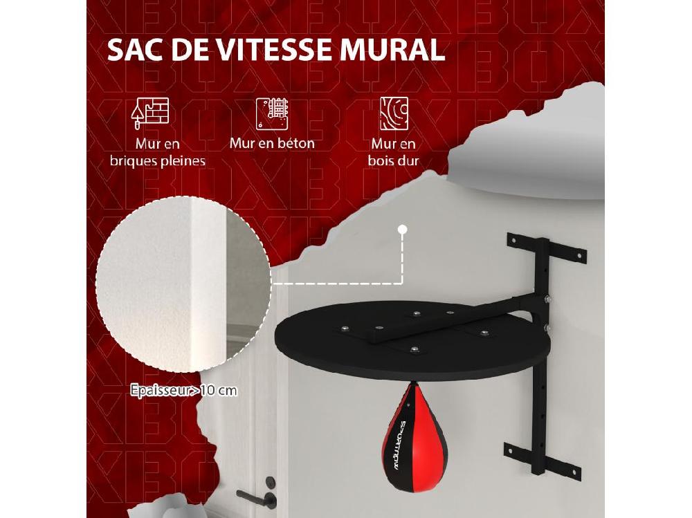 Vente Unique Punching Ball Poire De Vitesse Boxe Avec Support Plateau Tournant + Pompe MDF Acier Revêtement Synthétique Rouge Noir