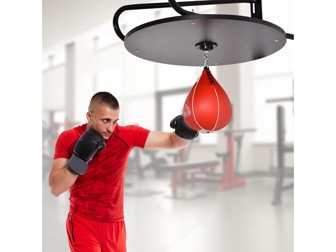 Vente Unique Punching Ball Poire De Vitesse Boxe Avec Support Plateau Tournant + Pompe MDF Acier Revêtement Synthétique Rouge Noir