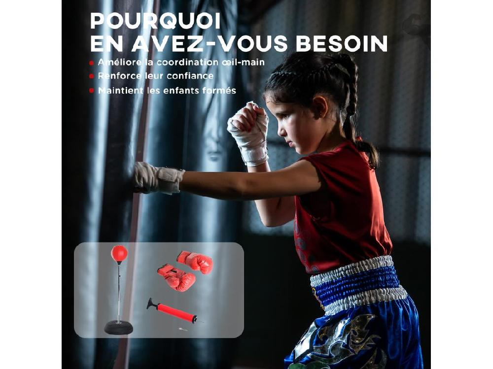 Vente Unique Punching Ball Sur Pied Réglable En Hauteur 126-144 Cm Avec Gants Pompe Et Base De Lestage Rouge