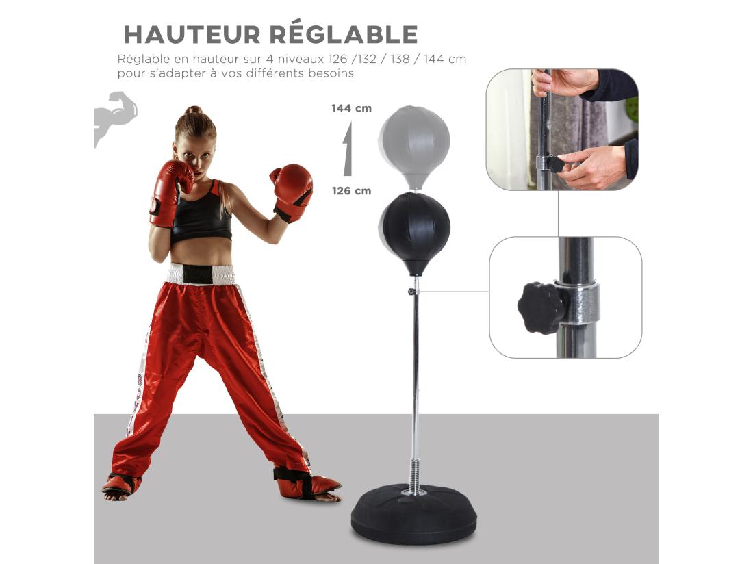 Vente Unique Punching Ball Sur Pied Réglable En Hauteur 126-144 Cm Avec Gants Pompe Et Base De Lestage Noir