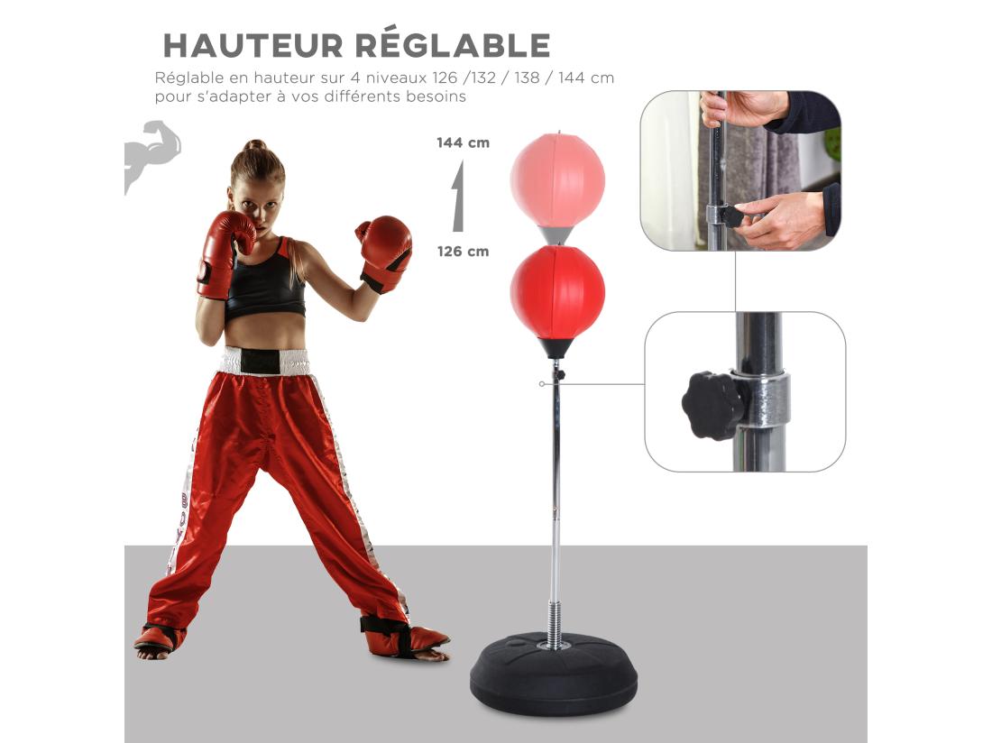 vente unique Punching ball sur pied réglable en hauteur 126-144 cm avec gants pompe et base de lestage rouge