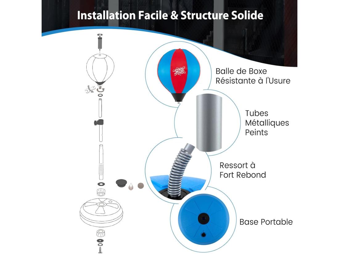 Vente Unique Punchingball Sur Pied Avec Hauteur Adjustable 120-154CM Sac De Frappe Pour Enfants 8 Ans+ Et Adultes Pour Forme Physique Et Relâcher La Pression (Bleu)