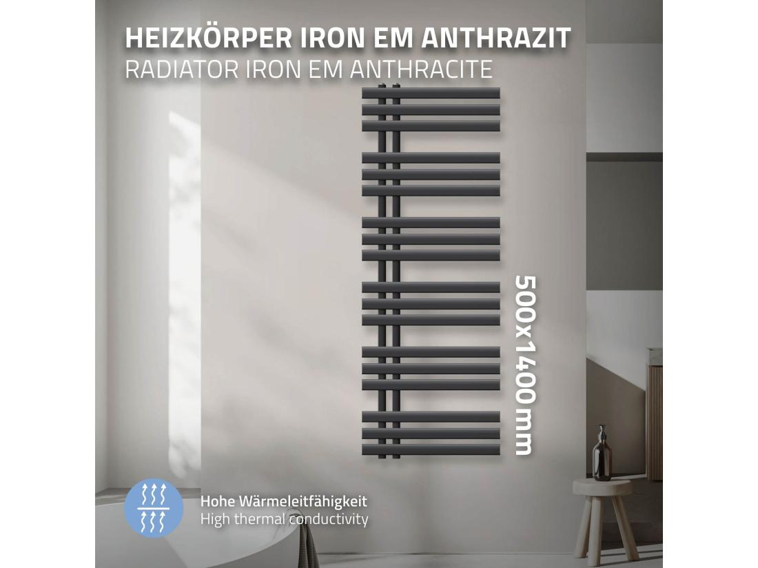 Vente Unique Radiateur Chauffage Bain Sèche-serviettes Iron EM Design Anthracite 500 X 1400 Mm