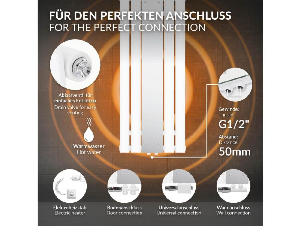 Vente Unique Radiateur Plat Vertical Blanc 450x1200 Mm + Miroir Et Kit Raccordement D'angle