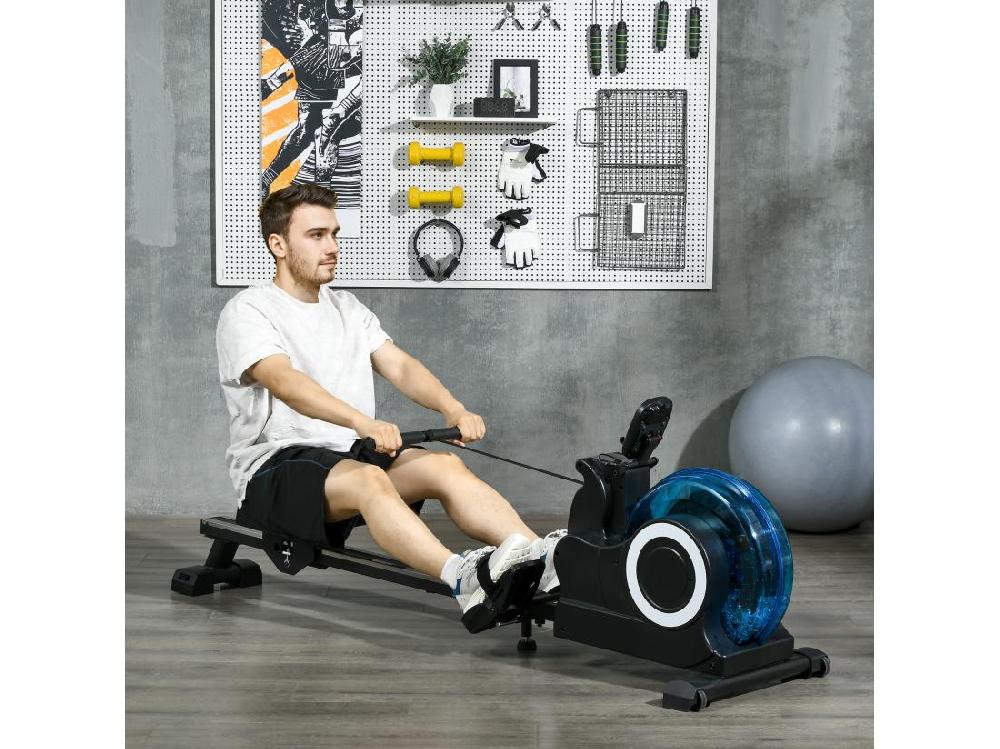 Vente Unique Rameur à Eau Pliable - Rameur D'appartement Résistance Hydraulique 6 Niv. - écran LCD Multifonction Support IPad - Bleu Noir