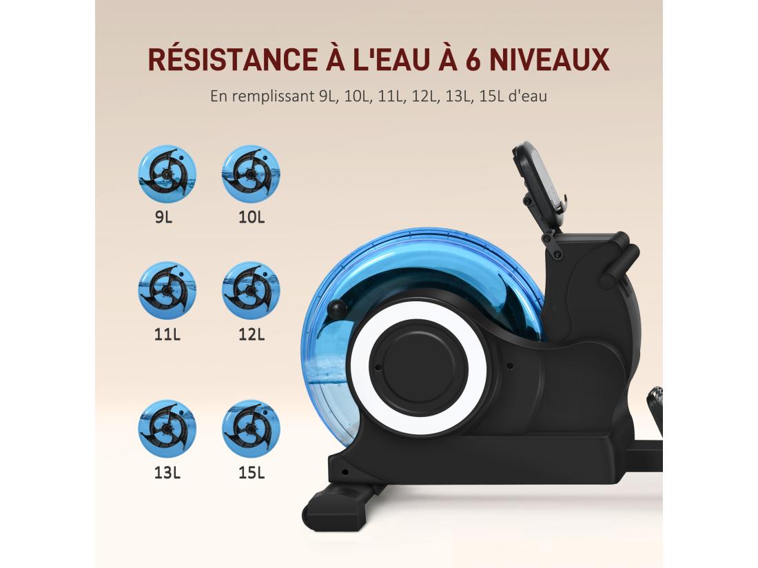 Vente Unique Rameur à Eau Pliable - Rameur D'appartement Résistance Hydraulique 6 Niv. - écran LCD Multifonction Support IPad - Bleu Noir