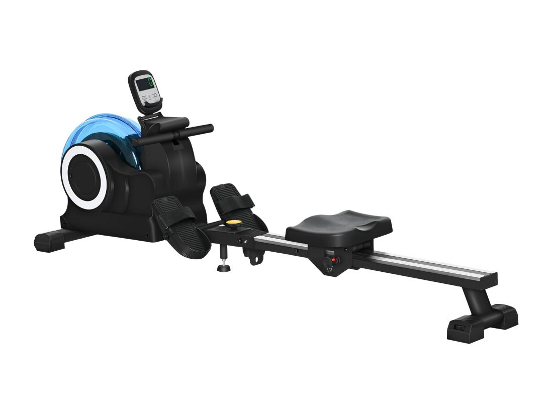 vente unique Rameur à eau pliable - rameur d'appartement résistance hydraulique 6 niv. - écran LCD multifonction support iPad - bleu noir