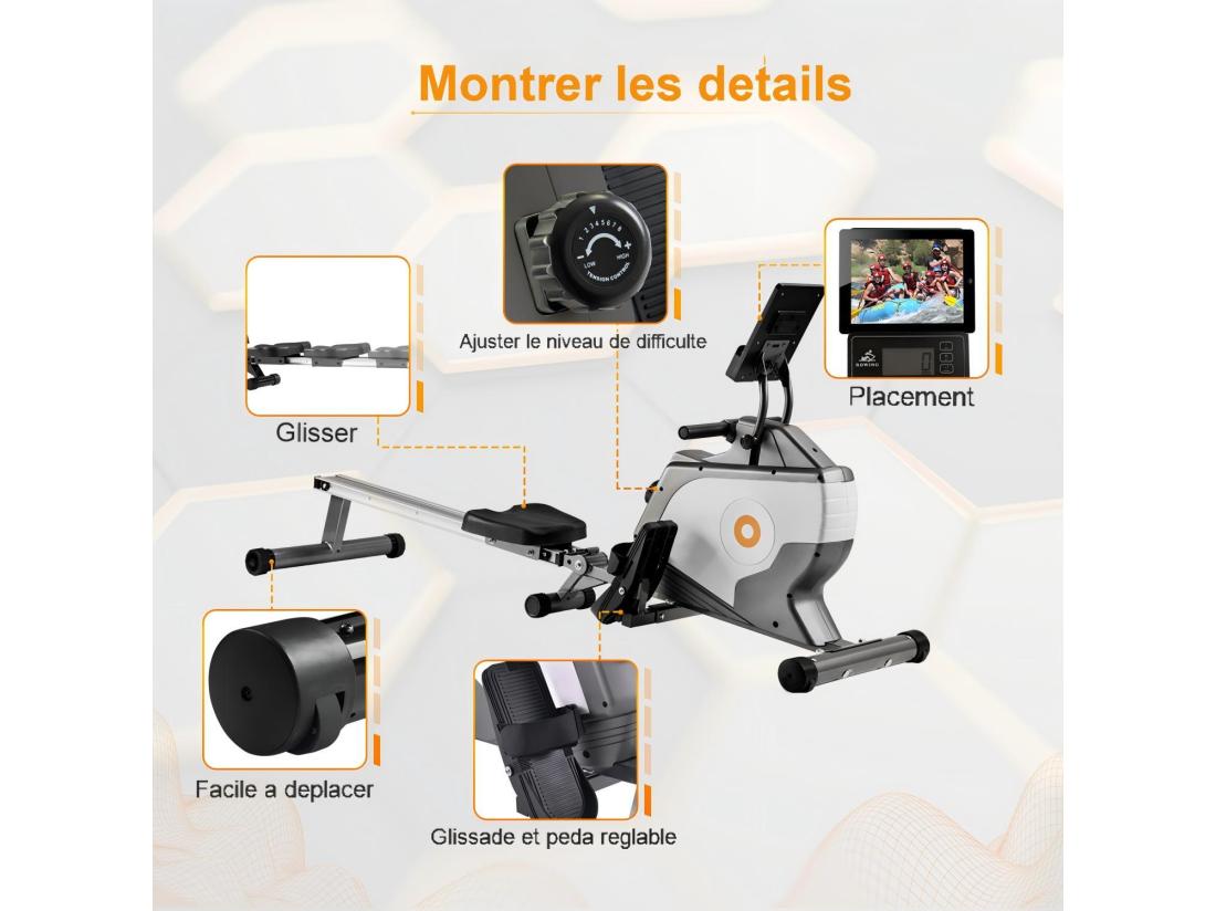 Vente Unique Rameur à Résistance Magnétique Avec écran LCD 8 Niveaux De Résistance Silencieux Et Lisse Max 120kg 190x51x85cm