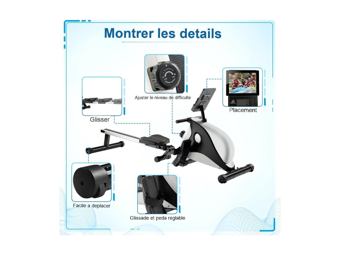 Vente Unique Rameur à Résistance Magnétique Pliable 8 Niveaux De Résistance Silencieux Et Lisse Max 110kg 190x51x85cm