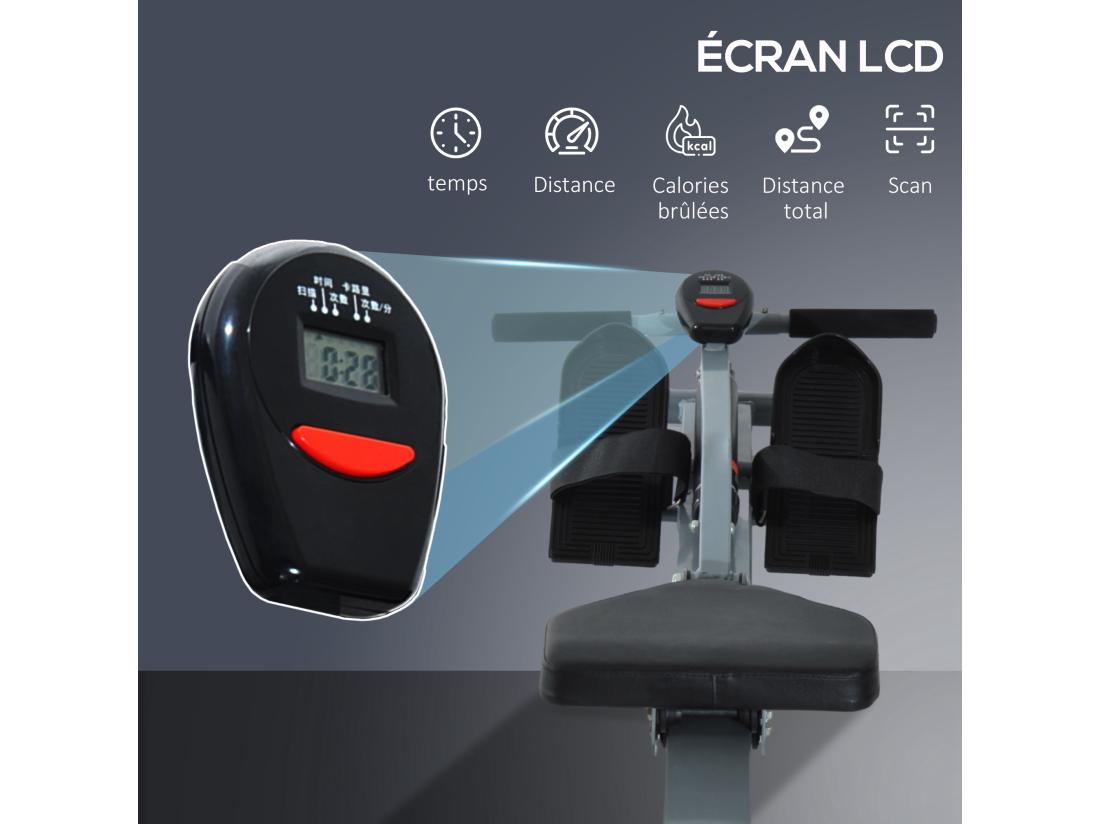 Vente Unique Rameur D'appartement Appareil De Fitness Et Musculation Cardio Training écran LCD Multifonction Acier Gris Et Noir