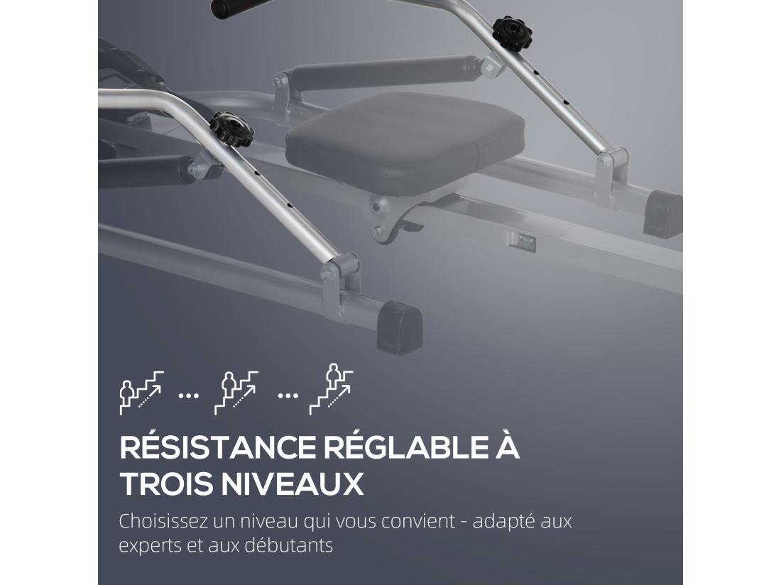 vente unique Rameur d'appartement pliable - 3 niveaux de résistance écran LCD multifonction - acier ABS noir gris