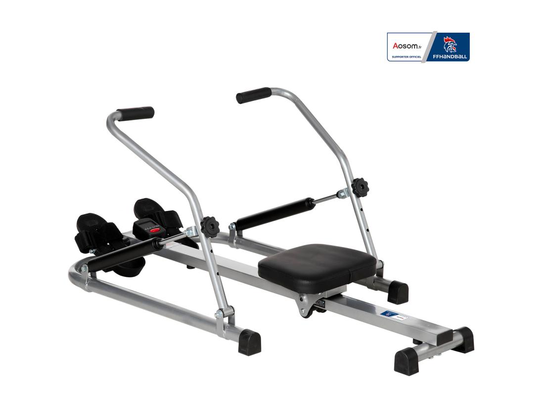 Vente Unique Rameur D'appartement Pliable - Collaboration Aosom.fr X FFHandball - Résistance 3 Niv. écran LCD Multifonction - Acier ABS Noir Gris