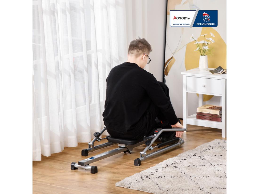 Vente Unique Rameur D'appartement Pliable - Collaboration Aosom.fr X FFHandball - Résistance 3 Niv. écran LCD Multifonction - Acier ABS Noir Gris