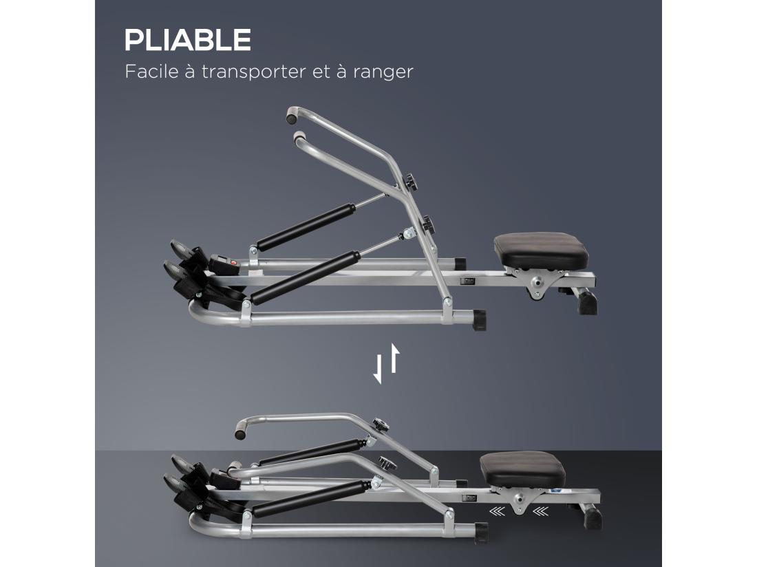 vente unique Rameur d'appartement pliable - collaboration Aosom.fr x FFHandball - résistance 3 niv. écran LCD multifonction - acier ABS noir gris