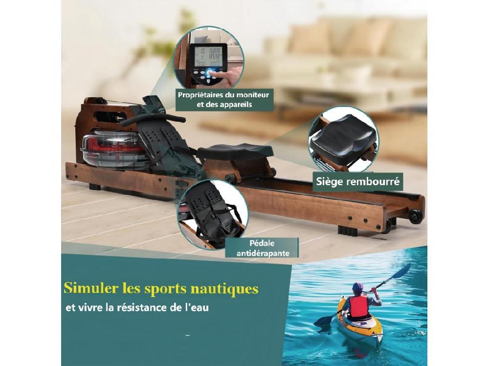 Vente Unique Rameur Pliable En Bois Avec APP Résistance à L'eau Double Glissière Silencieux Et Lisse Charge Max 150kg 210x52x51cm