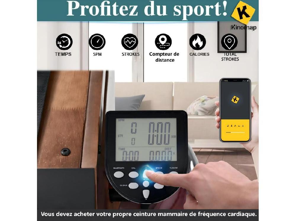 Vente Unique Rameur Pliable En Bois Avec APP Résistance à L'eau Double Glissière Silencieux Et Lisse Charge Max 150kg 210x52x51cm