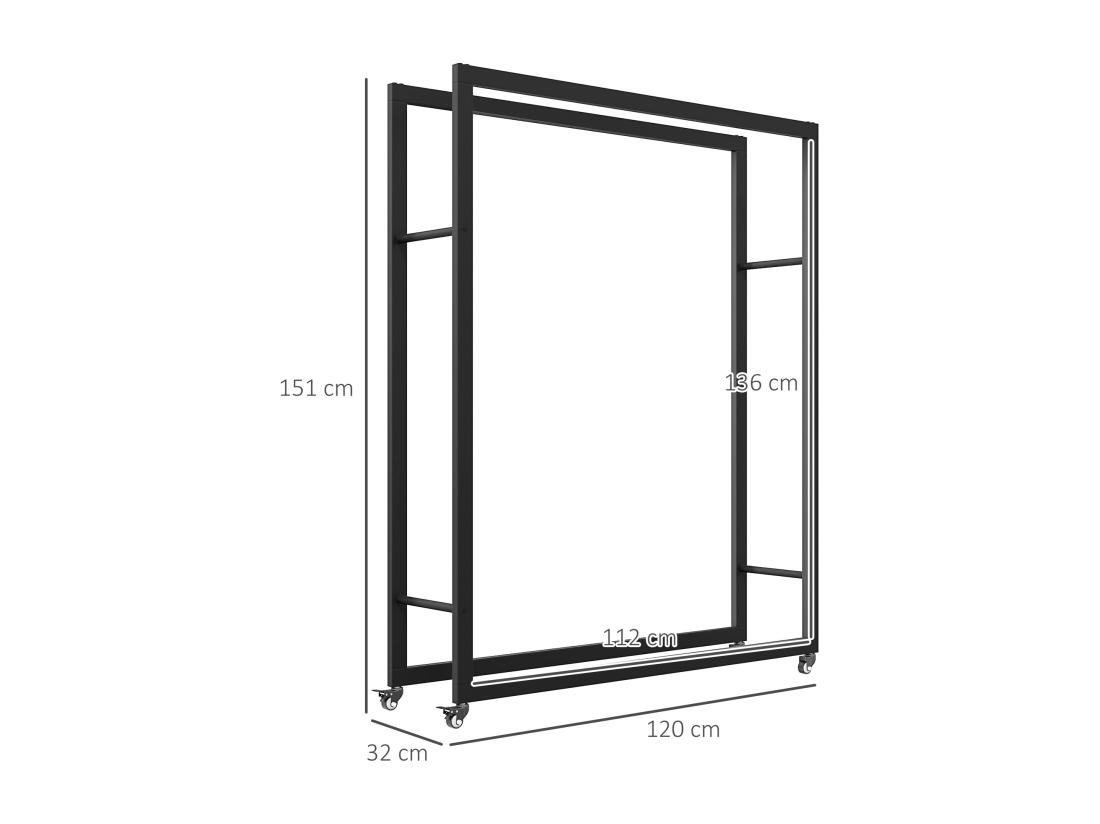 vente unique Range-bûches chariot 4 roues - intérieur/extérieur - charge max. 150 Kg - dim. 120L x 32l x 151H cm - métal noir