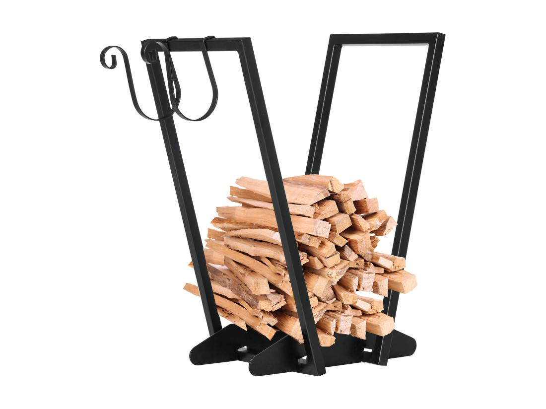 Vente Unique Range-bûches Porte Bûche Range Bois De Chauffage En Acier Design Trapézoïdal Avec 2 Crochets Et étagère Inférieure Pour Intérieur Et Extérieur 45 X 32 X 58 Cm Noir