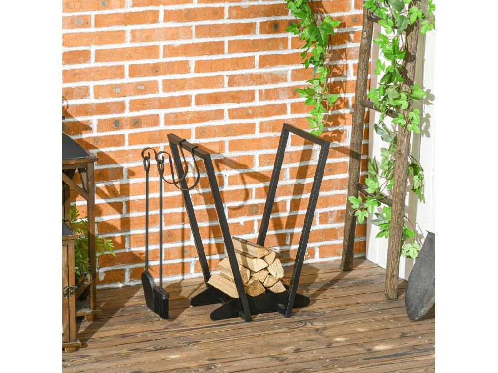 vente unique Range-bûches porte bûche range bois de chauffage en acier design trapézoïdal avec 2 crochets et étagère inférieure pour intérieur et extérieur 45 x 32 x 58 cm noir