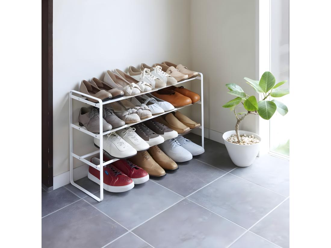 vente unique Rangement à chaussures largeur extensible 4 niveaux en acier blanc Frame