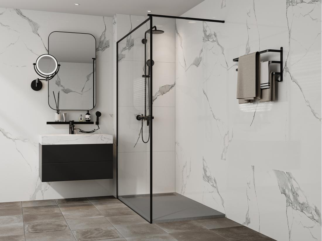 vente unique Receveur extra-plat à poser ou à encastrer découpable en résine SMC avec siphon - Gris - 120 x 80 cm - LYROSA