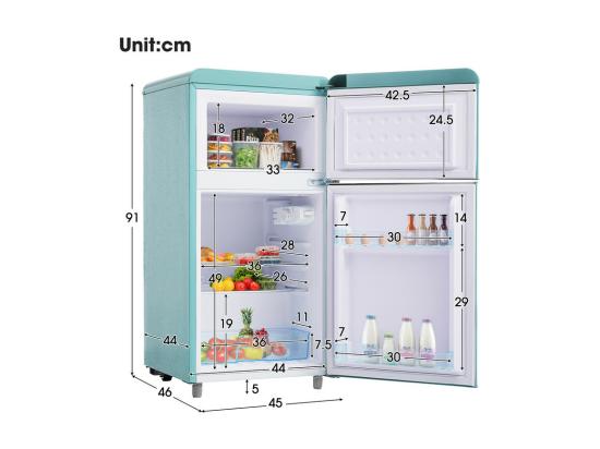 Vente Unique Réfrigérateur à Double Porte Avec Pieds Réglables Et Roulettes - 72L - 120kWh/an - Faible Niveau Sonore De 39 DB - Classe E - 45x44x91cm