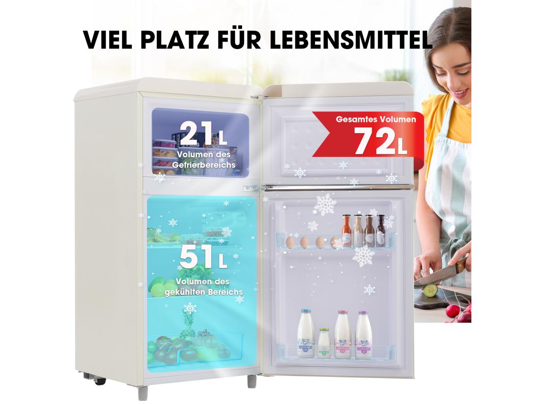 Vente Unique Réfrigérateur Rétro Réfrigérateur à Double Porte Supérieure Et Inférieure Volume Total De 72 Litres Avec Volume De Congélation De 21 Litres 120 KWh/an éclairage LED