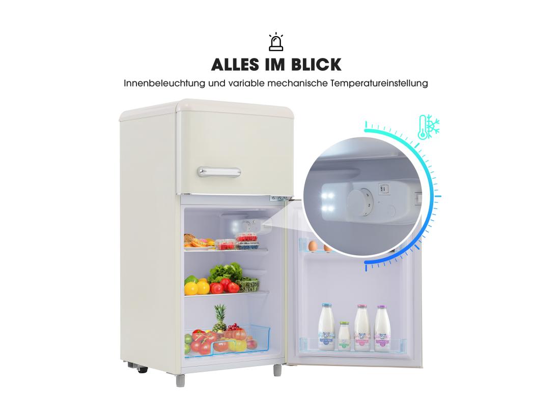 Vente Unique Réfrigérateur Rétro Réfrigérateur à Double Porte Supérieure Et Inférieure Volume Total De 72 Litres Avec Volume De Congélation De 21 Litres 120 KWh/an éclairage LED