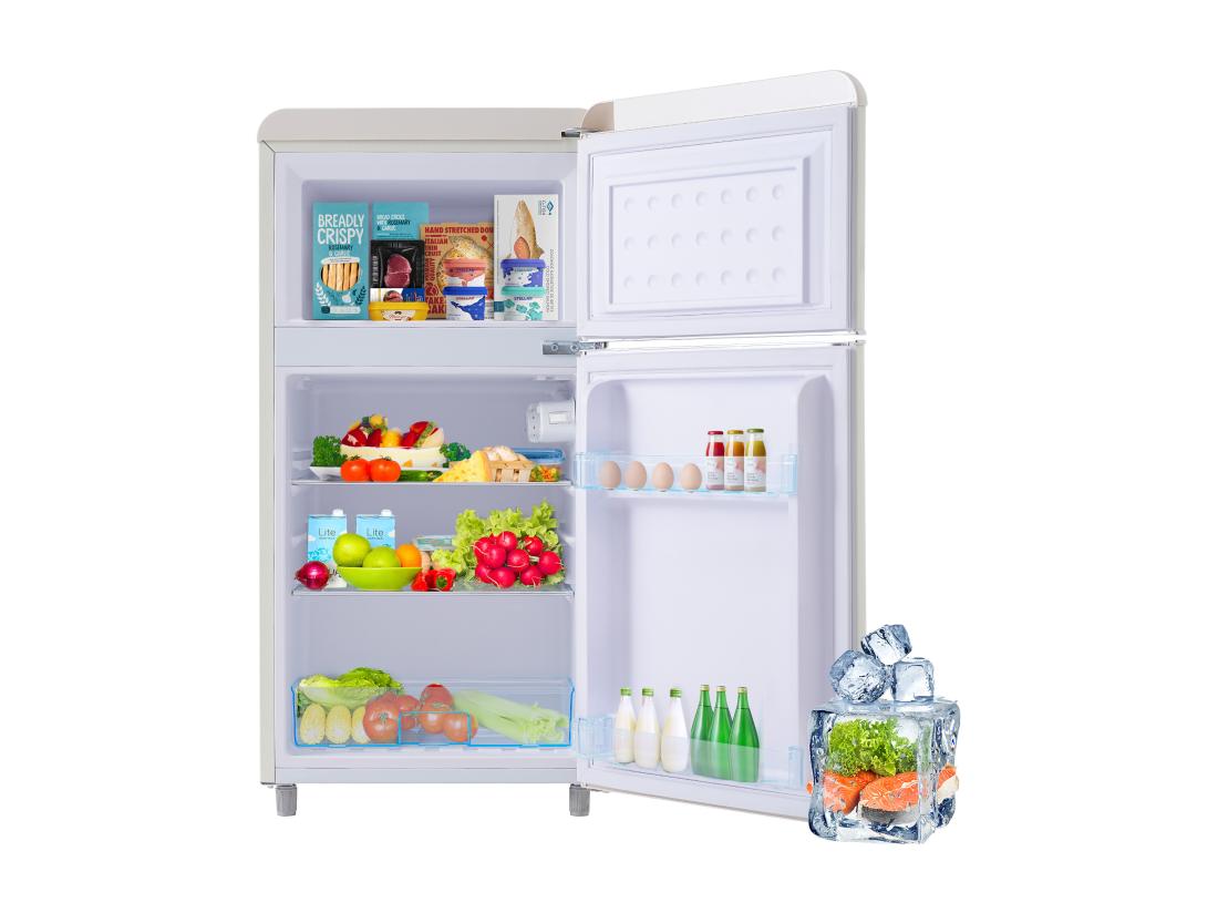 vente unique Réfrigérateur rétro réfrigérateur à double porte supérieure et inférieure volume total de 72 litres avec volume de congélation de 21 litres 120 kWh/an éclairage LED