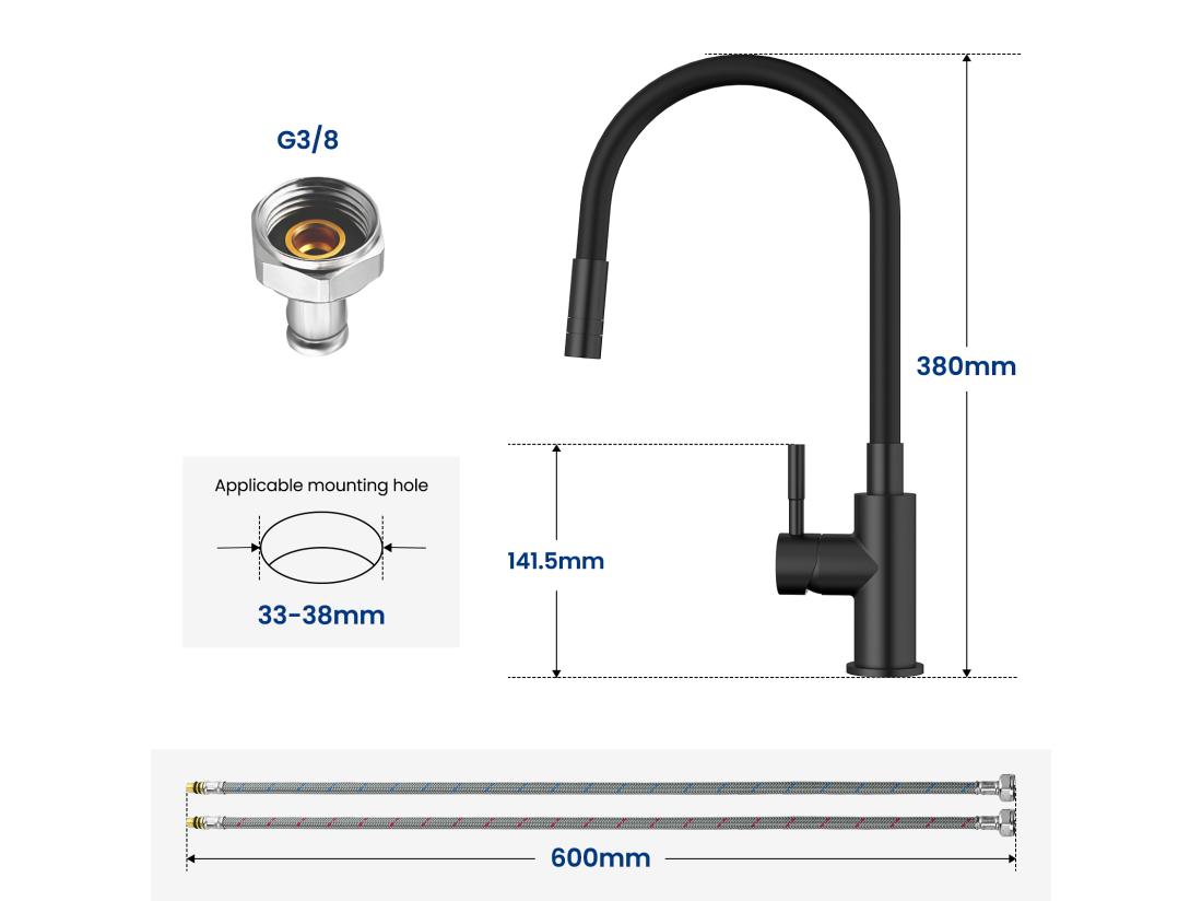 Vente Unique Robinet Cuisine Flexible Robinet Avec 2 Types De Jets Mitigeur Cuisine Rabattable Flexible Mitigeur Evier Avec Eau Chaude Et Froide (Noir)