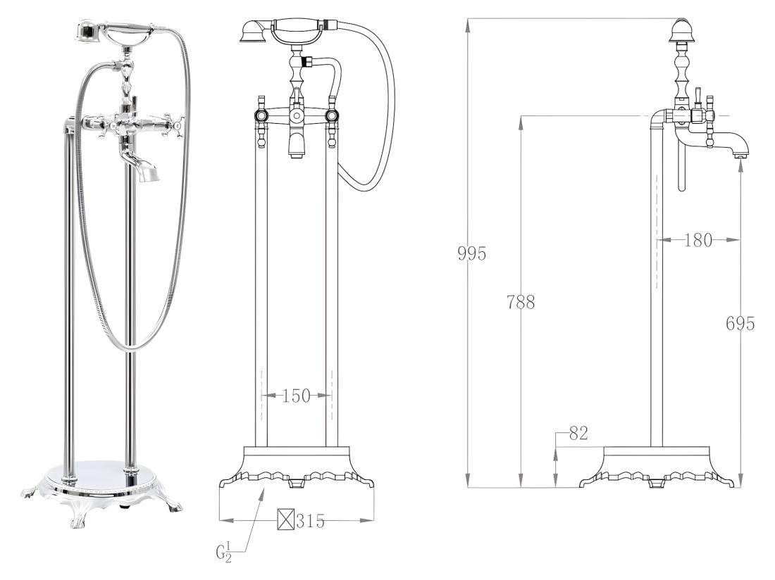 Vente Unique Robinet De Baignoire Salle Argenté 31.5 X 31.5 X 99.5 Cm 02_0003478