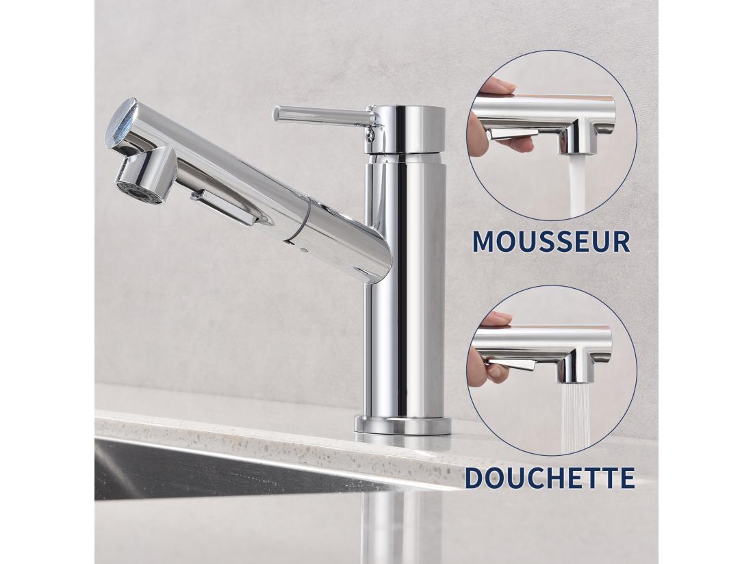 Vente Unique Robinet De Cuisine Avec Douchette Extractible 2 Jets Au Choix Mitigeur Cuisine D'évier Chromé Laiton - Homelody