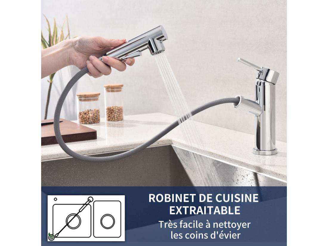 vente unique Robinet de Cuisine avec Douchette Extractible 2 Jets au Choix Mitigeur Cuisine d'évier Chromé Laiton - Homelody