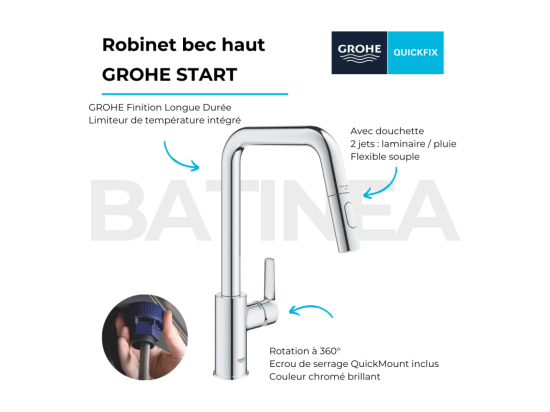 Vente Unique Robinet De Cuisine Avec Douchette GROHE Start Bec Haut Chromé 2 Jets